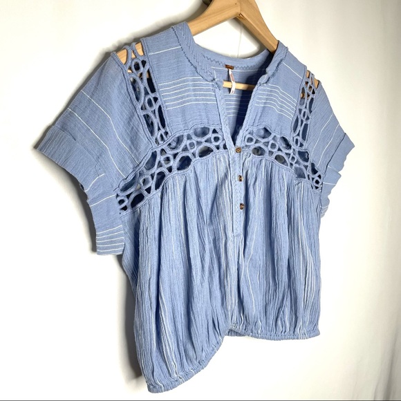 NEW Free People Cedar Lace Trim Popover Blouse Top Blue Gauze Cotton Medium - Picture 5 of 11